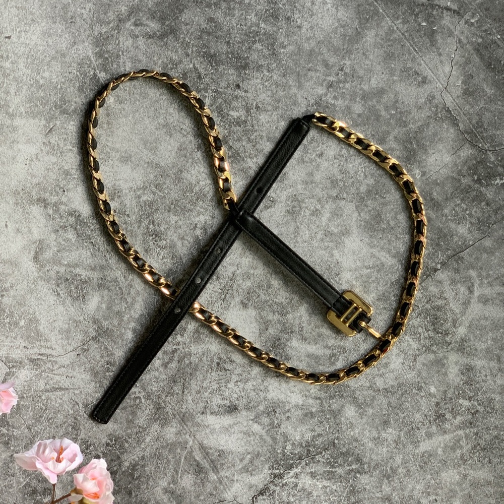 Belt - black leather, gold chain